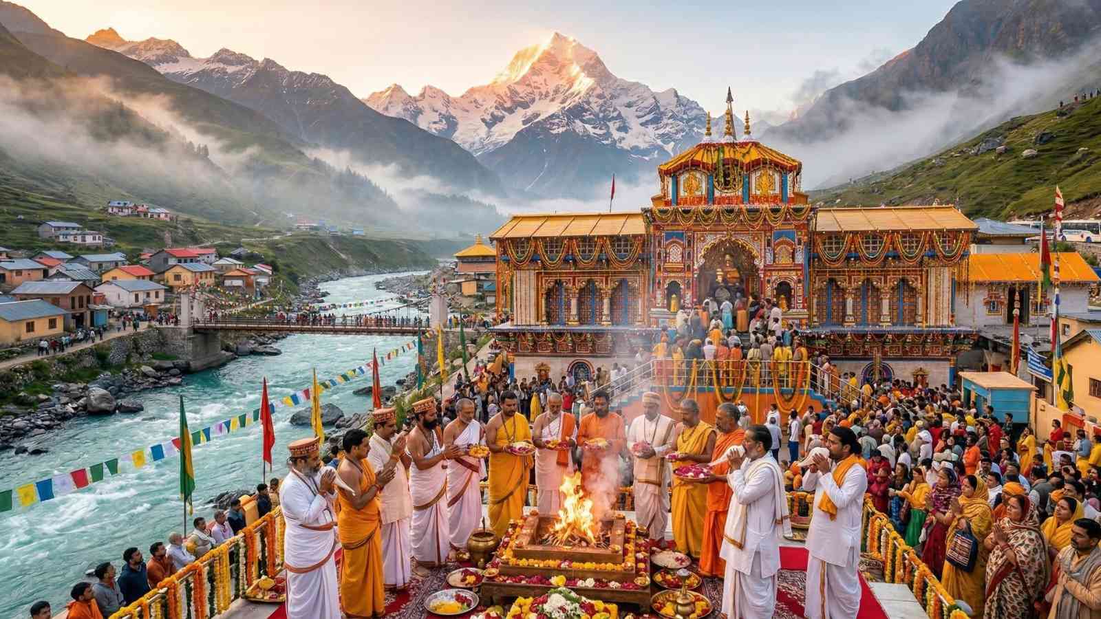 Badrinath temple Kapat opening ceremony 2026 on April 24 – priests performing rituals with flowers and incense, large crowd of devotees gathered at temple entrance