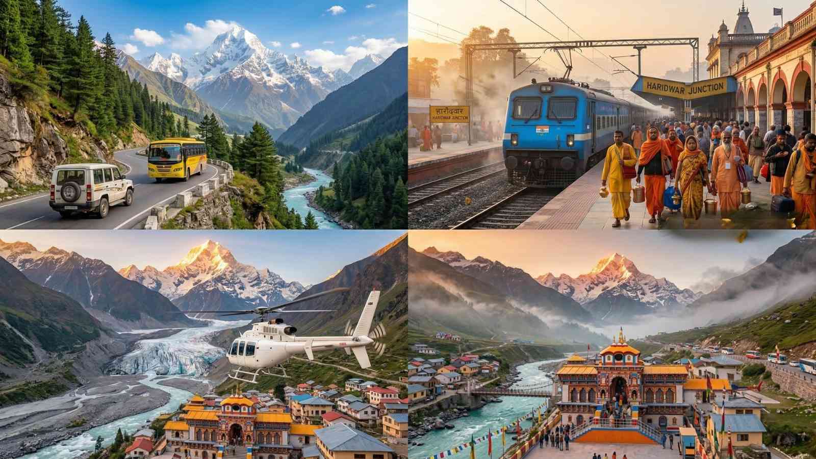 How to reach Badrinath temple – scenic mountain road highway in Uttarakhand with Himalayan peaks, showing road, railway and helicopter travel options to Badrinath Dham