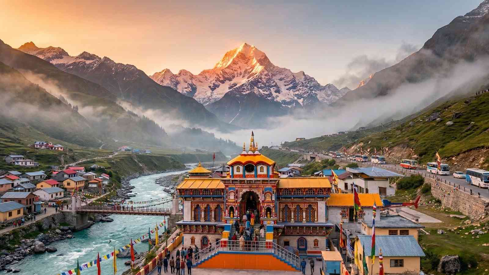 Badrinath temple travel guide 2026 – illuminated Badrinath Dham at twilight with snow-covered Neelkanth peak and Alaknanda river reflection, Uttarakhand