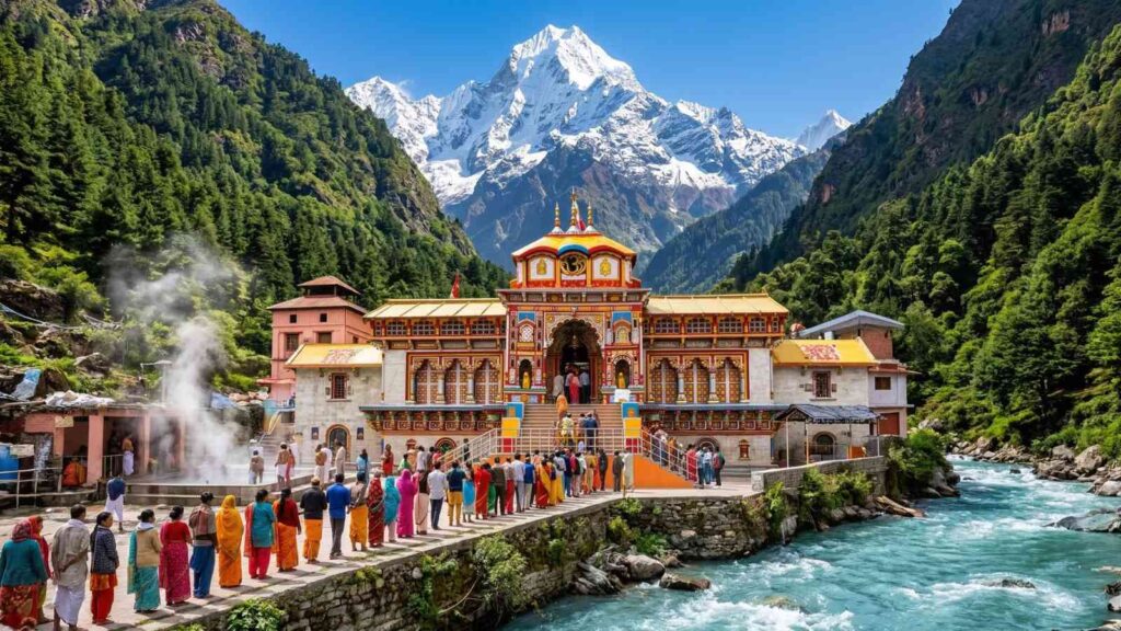 Badrinath Temple – Char Dham Yatra 2026 Final Dham – Lord Vishnu Badrinarayan Badrinath temple Char Dham Yatra 2026 Complete Guide – Neelkanth peak Alaknanda river Tapt Kund darshan Lord Vishnu Chamoli Uttarakhand