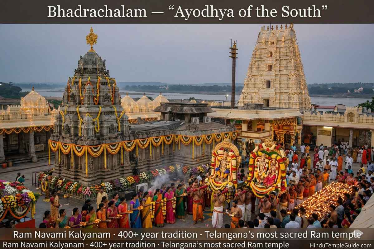 Bhadrachalam Sri Sita Ramachandra Swamy Temple in Telangana during Ram Navami Kalyanam celebrations on the banks of Godavari river.