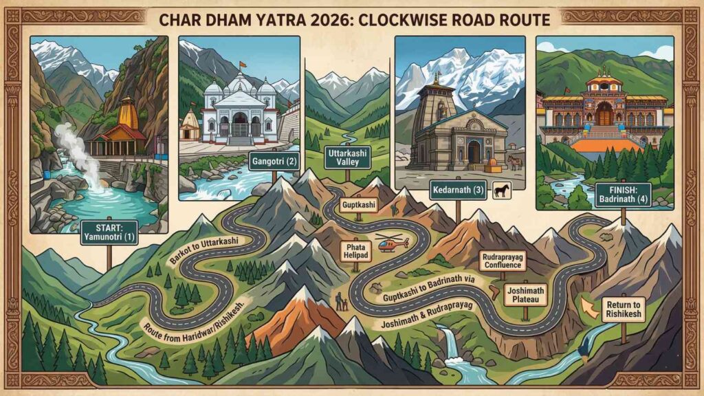 Char Dham Yatra 2026 Route Map – 10-12 Day Itinerary from Haridwar Char Dham Yatra 2026 Complete Guide route map – pilgrim trail Haridwar Yamunotri Gangotri Kedarnath Badrinath Uttarakhand 10-day itinerary