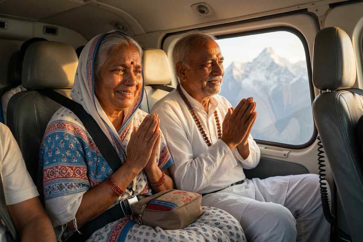 Elderly Indian couple smiling on helicopter yatra Kedarnath Himalayas – temple helicopter booking guide 2026