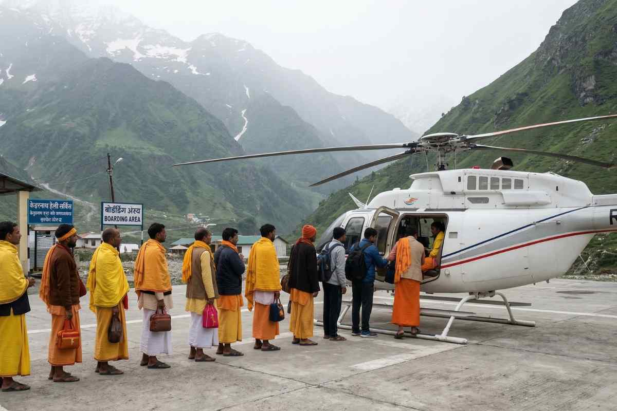 Indian pilgrims boarding helicopter at Phata helipad Kedarnath – temple yatra helicopter booking 2026