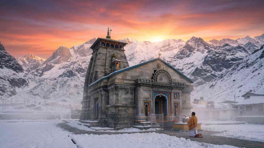 Kedarnath Dham at Sunrise – Char Dham Yatra 2026 – One of 12 Jyotirlingas Kedarnath temple sunrise Char Dham Yatra 2026 Complete Guide – ancient Jyotirlinga Himalayan peak snow darshan 3583 metres pilgrimage