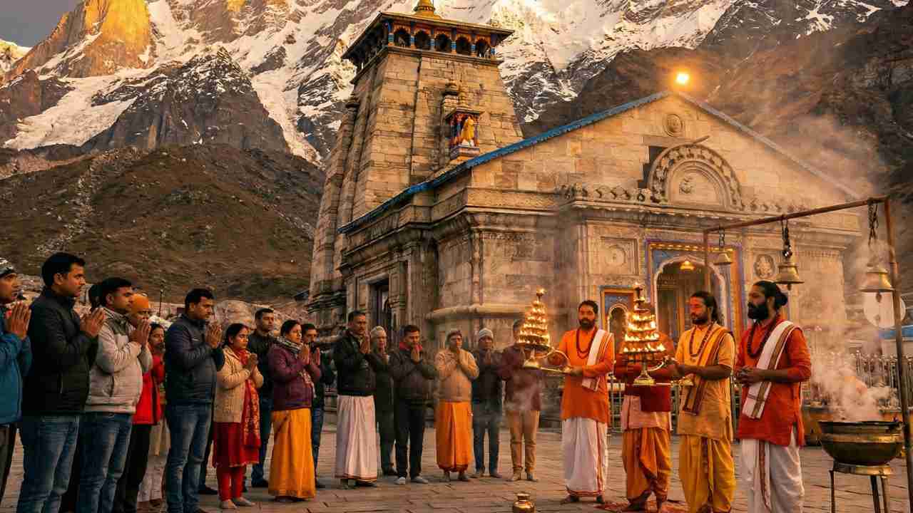 Priests performing Sandhya Aarti at Kedarnath Temple with devotees offering prayers at sunrise