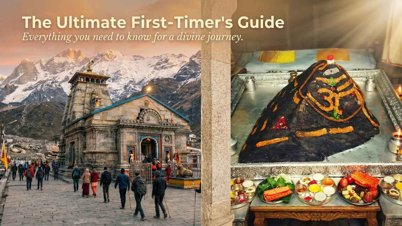 Kedarnath Temple travel guide Uttarakhand with pilgrims walking towards the temple at dusk during Kedarnath Yatra 2026