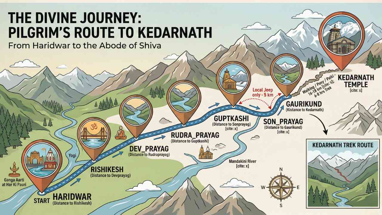 Kedarnath Yatra route map from Haridwar to Kedarnath Temple via Rishikesh Rudraprayag Guptkashi Sonprayag Gaurikund