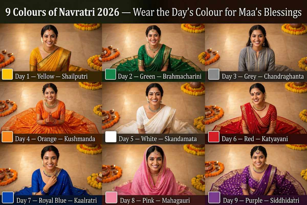 Navratri 2026 9 colours day-wise – yellow green grey orange white red royal blue pink purple Navdurga Chaniya Choli traditional attire women festival