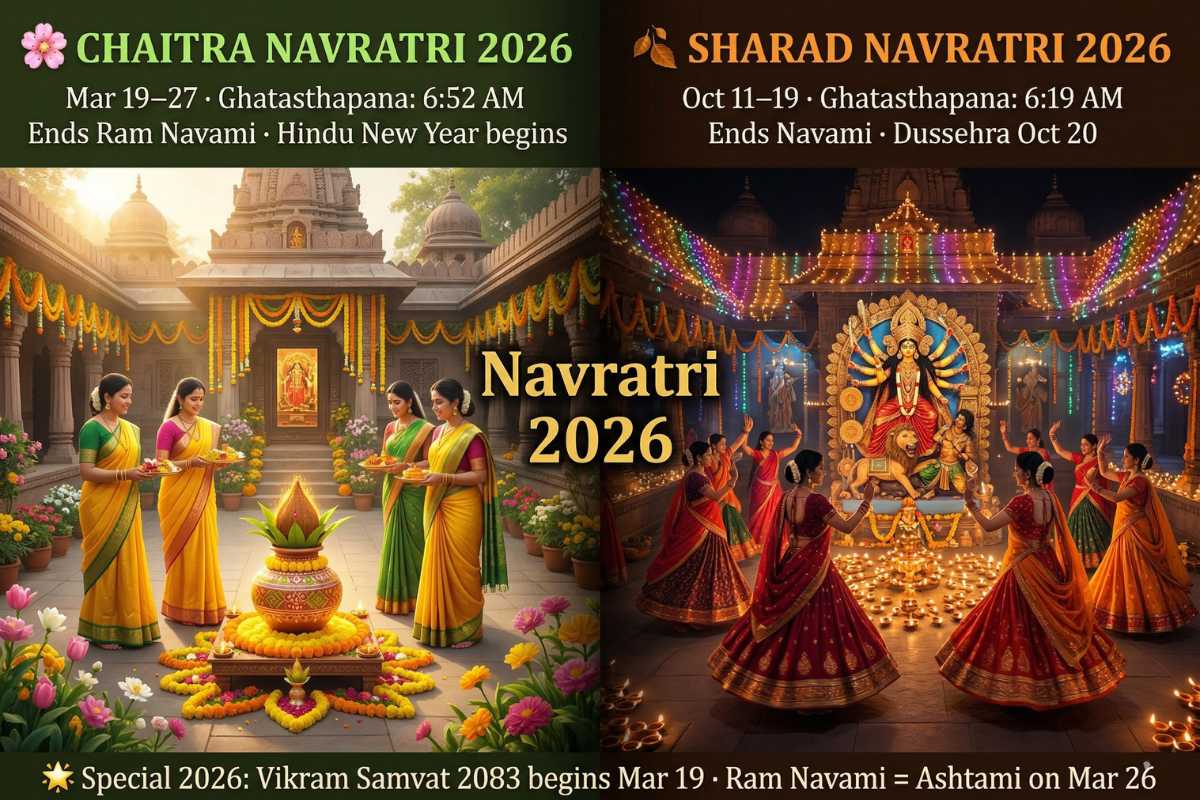 Navratri 2026 Chaitra March 19-27 Sharad October 11-19 dates comparison – Ghatasthapana muhurat Vikram Samvat 2083 Ram Navami Dussehra