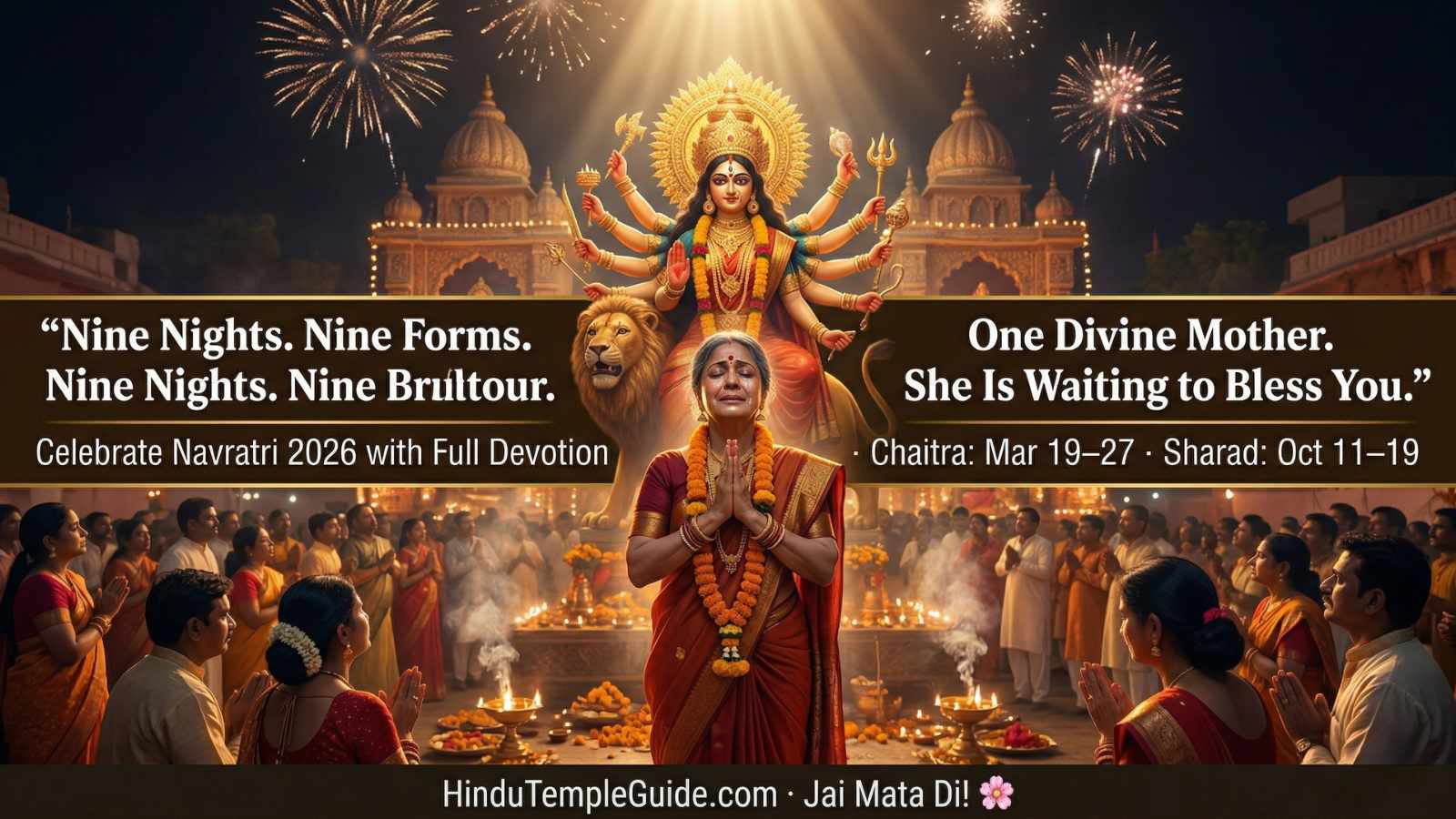Navratri 2026 devotee Goddess Durga divine blessings – woman folded hands tears devotion saffron saree temple Jai Mata Di festival pilgrimage