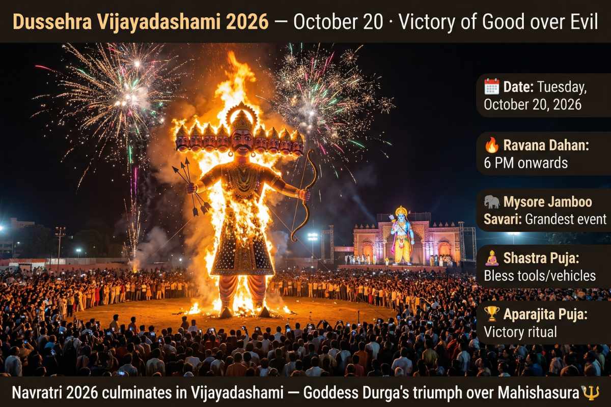 Navratri 2026 Dussehra Vijayadashami October 20 – Ravana Dahan effigy fire fireworks crowd victory good over evil Goddess Durga Mahishasura