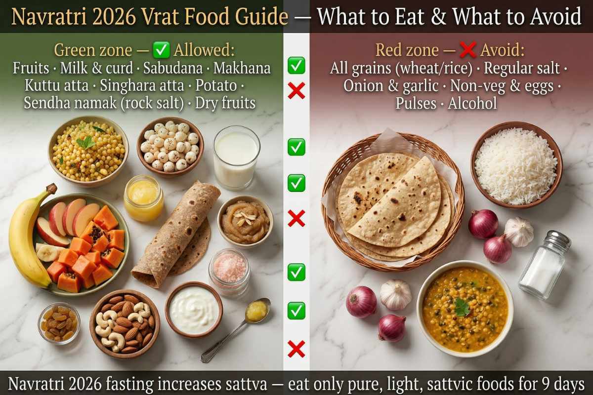 Navratri 2026 fasting rules vrat food guide – sabudana makhana kuttu singhara sendha namak allowed fruits milk avoid onion garlic grains regular salt