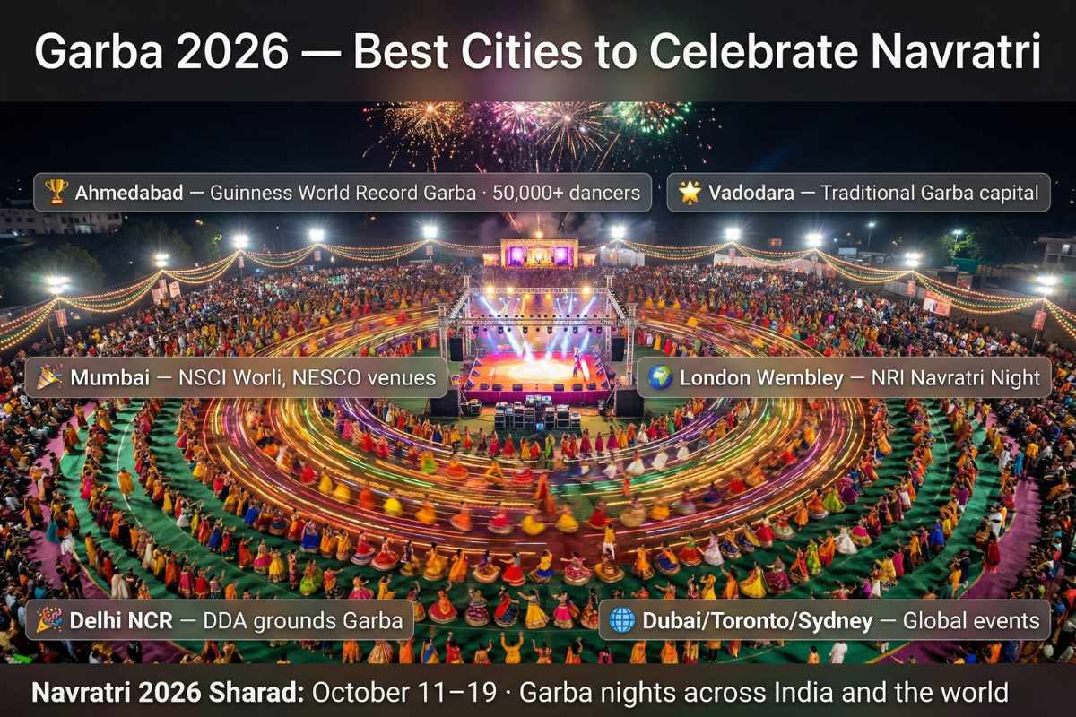 Navratri 2026 Garba festival Ahmedabad Guinness World Record – 50000 dancers GMDC ground Sharad October Chaniya Choli concentric circles night