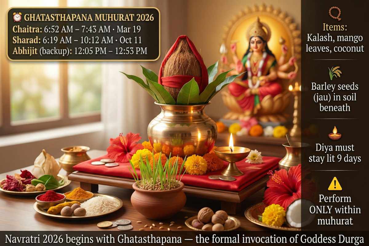Navratri 2026 Ghatasthapana Kalash Sthapana muhurat – brass Kalash mango leaves coconut barley seeds jau diya puja setup March 19 October 11
