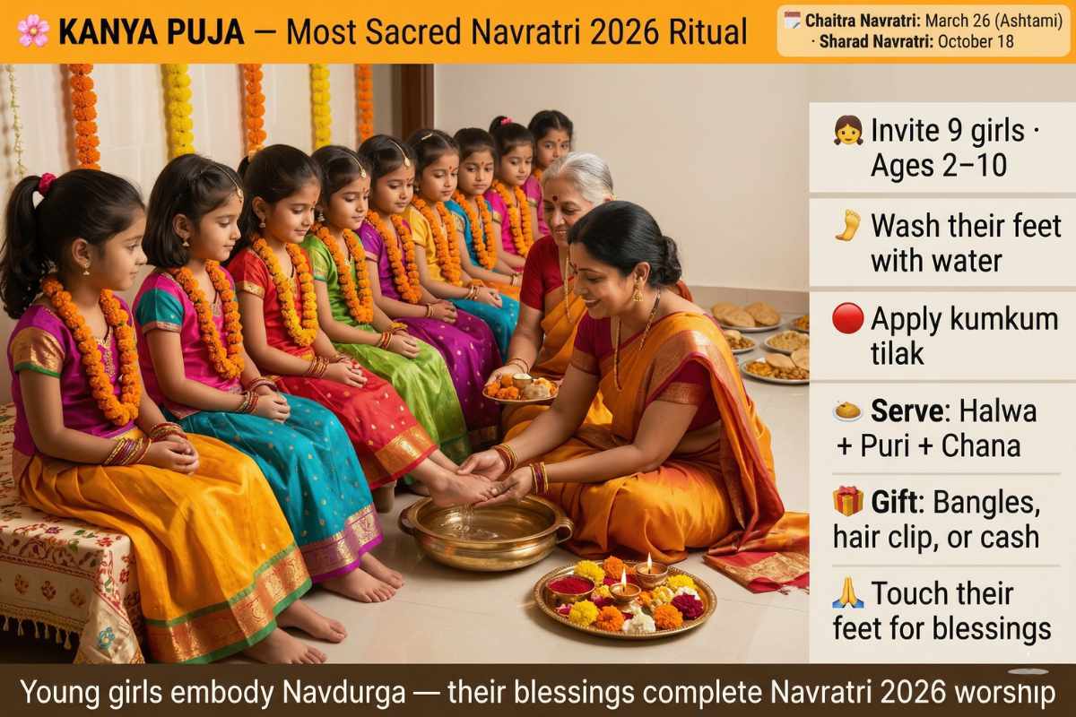 Navratri 2026 Kanya Puja Ashtami March 26 October 18 – nine girls living Navdurga feet washing kumkum tilak halwa puri chana prasad blessings