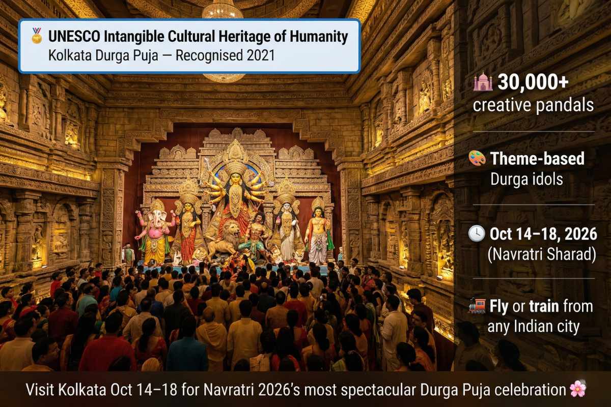 Navratri 2026 Kolkata Durga Puja UNESCO heritage – 30000 pandals October 14-18 Sharad Navratri Goddess Durga idol creative theme Bengal