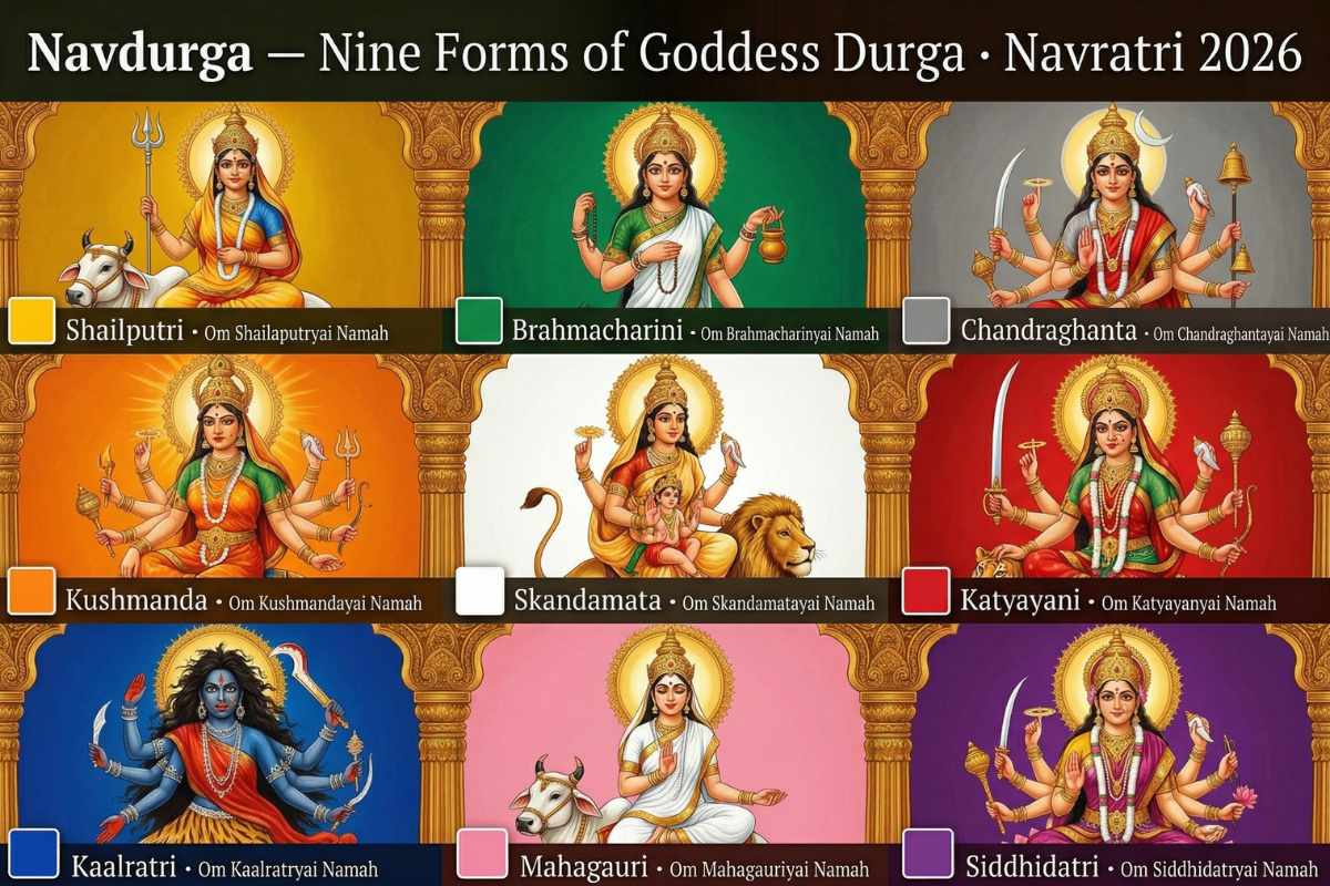 Navratri 2026 Navdurga nine forms Goddess Durga – Shailputri Brahmacharini Chandraghanta Kushmanda Skandamata Katyayani Kaalratri Mahagauri Siddhidatri