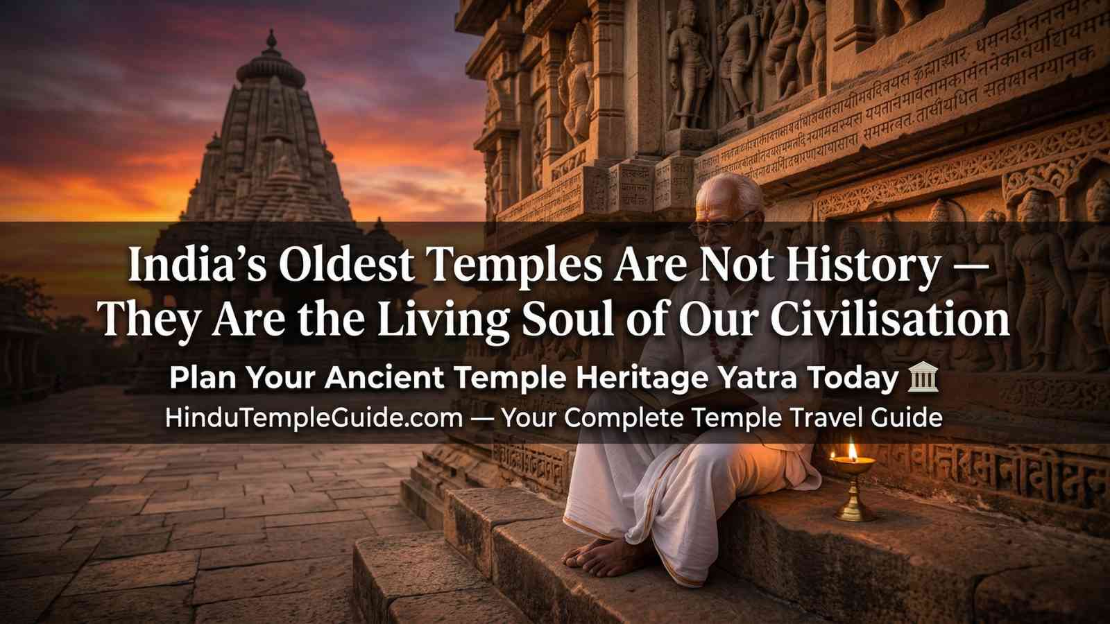 Oldest temples in India heritage yatra – elderly devotee ancient stone temple sunset Sanskrit carvings India living civilisation pilgrimage plan visit.