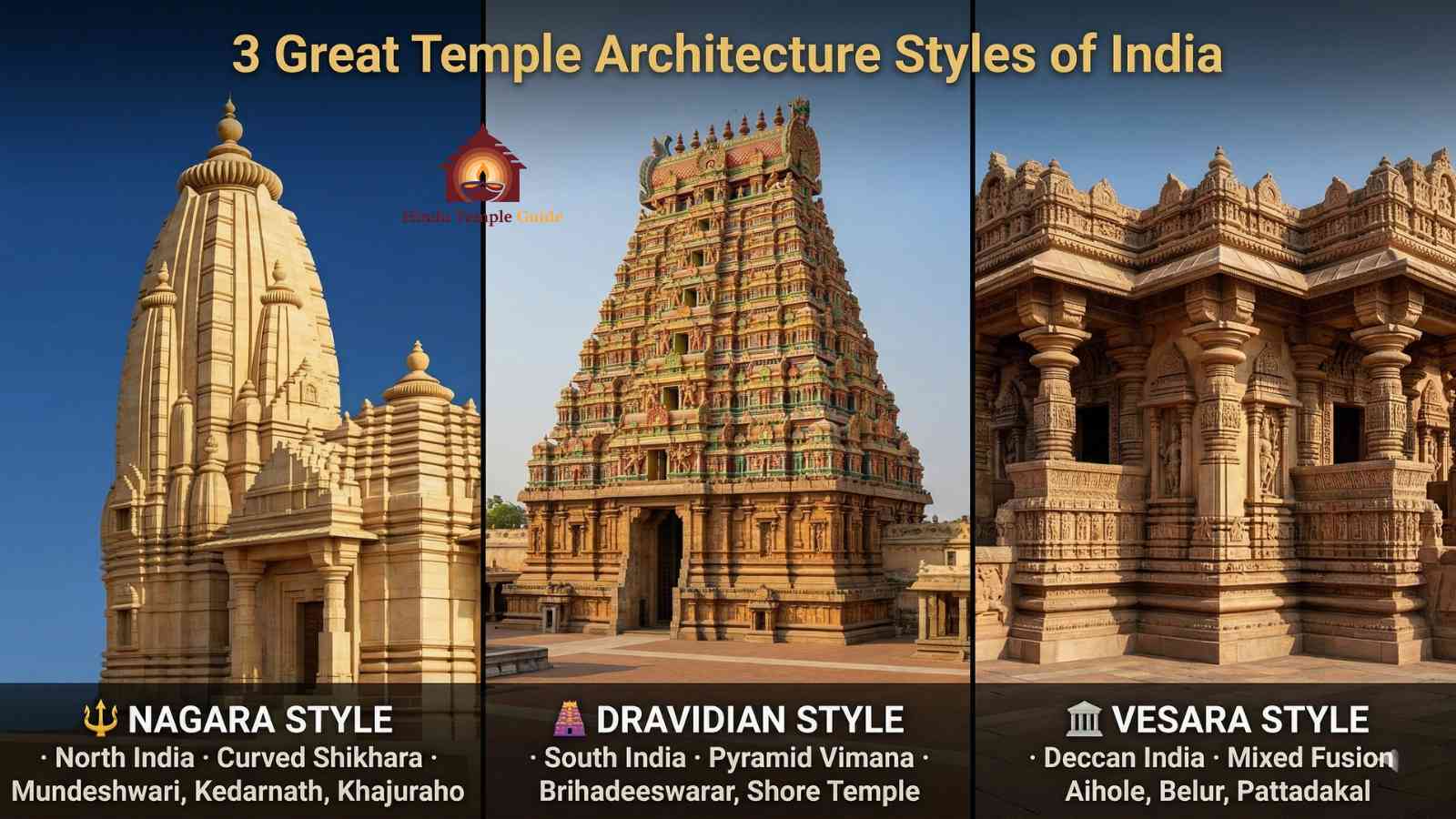 Oldest temples in India three architecture styles – Nagara curvilinear shikhara North India Dravidian pyramid vimana South India Vesara mixed Deccan comparison.