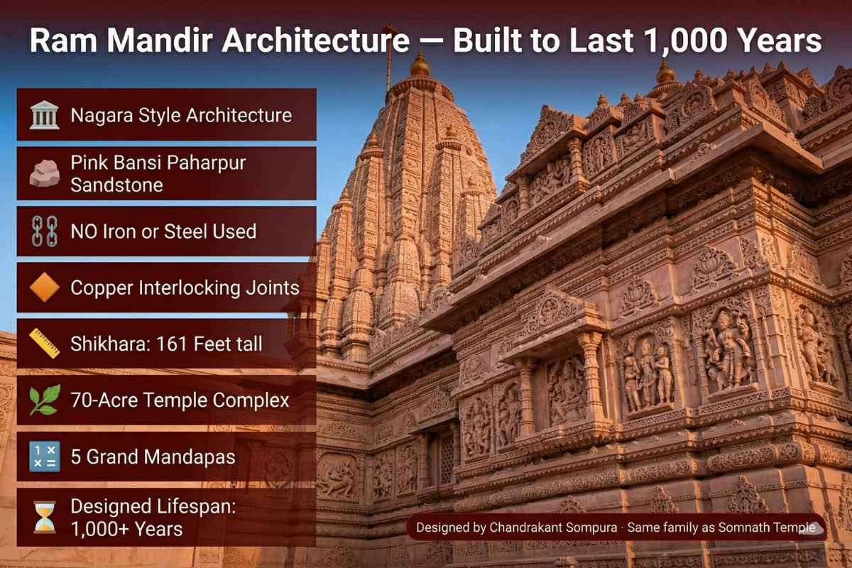 Ram Mandir Ayodhya Guide 2026 architecture Nagara style pink Bansi Paharpur sandstone 161 feet shikhara no iron steel copper joints 1000 year lifespan.