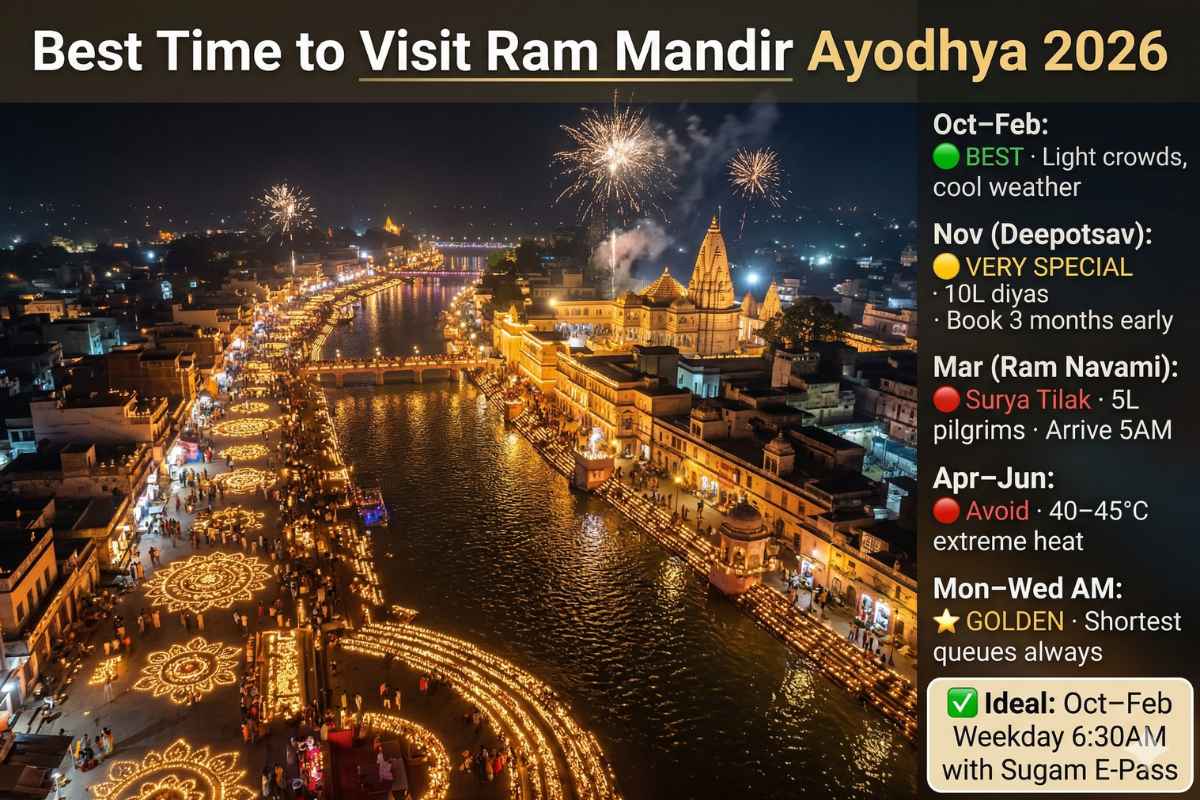 Ram Mandir Ayodhya Guide 2026 best time visit Deepotsav Diwali 10 lakh diyas Saryu river aerial night November season guide Ram Navami October February.