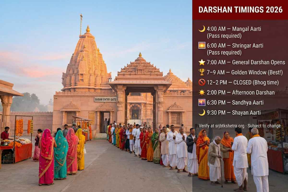 Ram Mandir Ayodhya Guide 2026 darshan timings 7am golden window Ram Lalla daily schedule Mangal Aarti 4am Sugam E-Pass morning queue pilgrims.