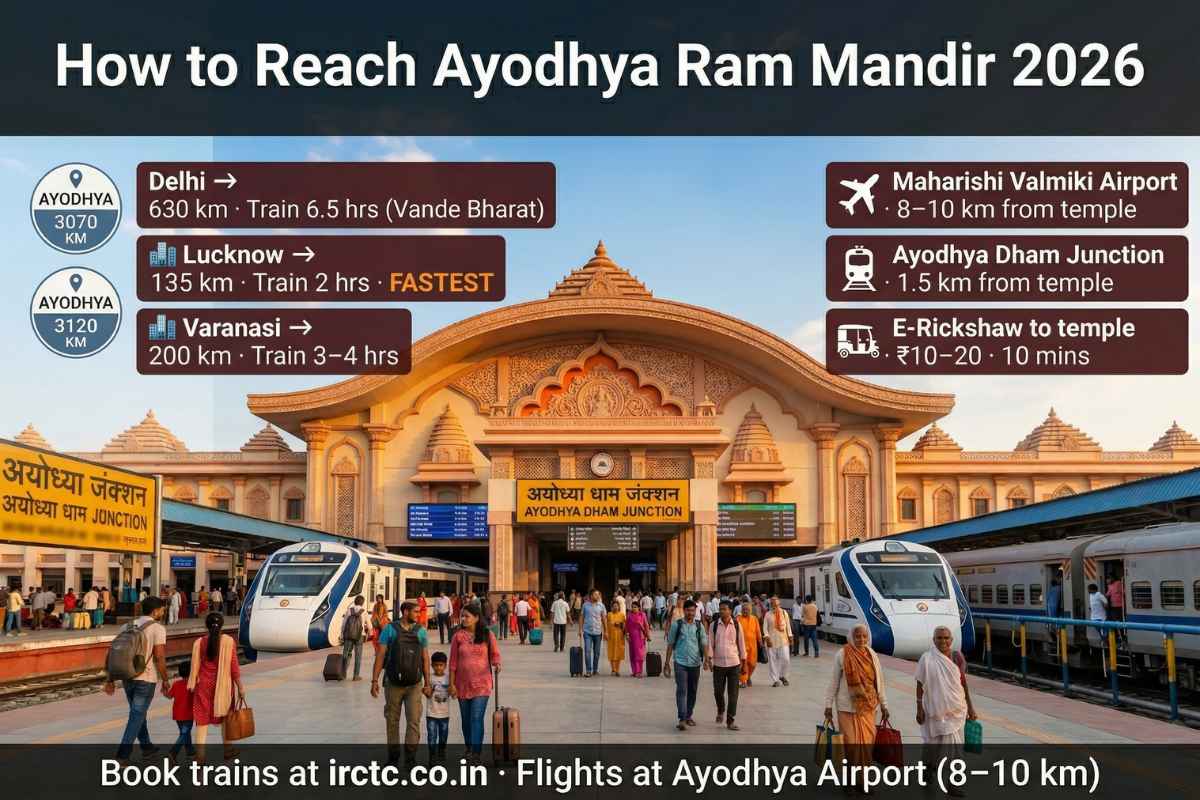 Ram Mandir Ayodhya Guide 2026 how to reach Ayodhya Dham Junction railway station Delhi 630km Lucknow 135km Varanasi 200km Vande Bharat airport travel options.