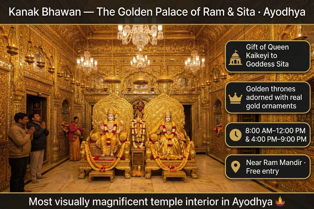 Ram Mandir Ayodhya Guide 2026 Kanak Bhawan golden throne Ram Sita Kaikeyi palace gift gold leaf interior jewelled ornaments must visit Ayodhya.