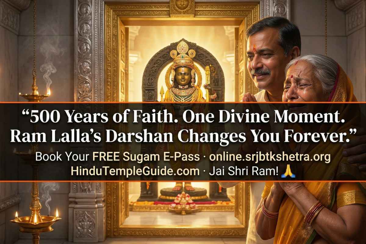 Ram Mandir Ayodhya Guide 2026 devotee Ram Lalla sanctum doorway divine darshan golden light 500 years faith Jai Shri Ram blessings pilgrimage.