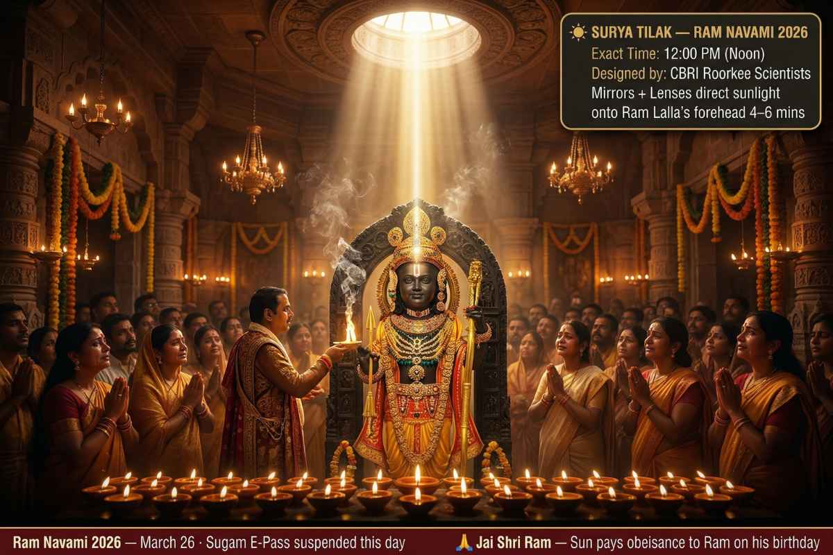 Ram Mandir Ayodhya Guide 2026 Surya Tilak Ram Navami March 26 2026 12pm CBRI Roorkee optical system sunlight beam Ram Lalla forehead sanctum devotees.
