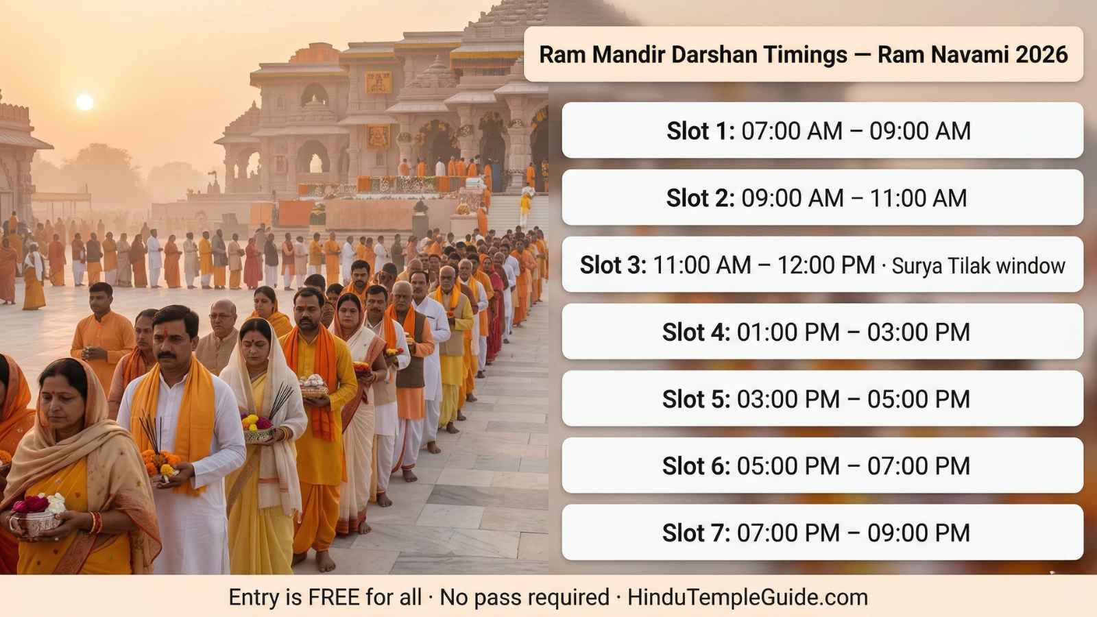 Ram Navami 2026 darshan timings infographic for Ram Mandir Ayodhya showing 7 free entry slots from 7 AM to 9 PM.