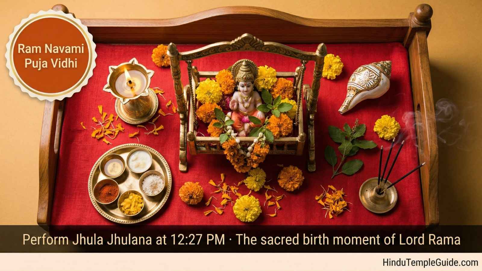 Ram Navami puja setup at home with Bal Rama idol in a cradle surrounded by diyas, marigold flowers, Panchamrit and tulsi leaves.