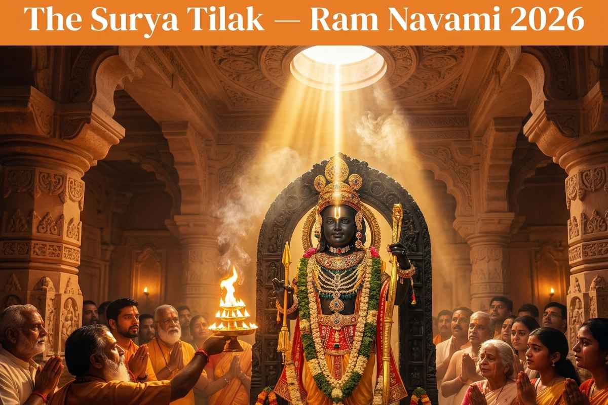 Surya Tilak golden sunbeam falling on Ram Lalla idol at Ram Mandir Ayodhya on Ram Navami 2026 at 12:27 PM.