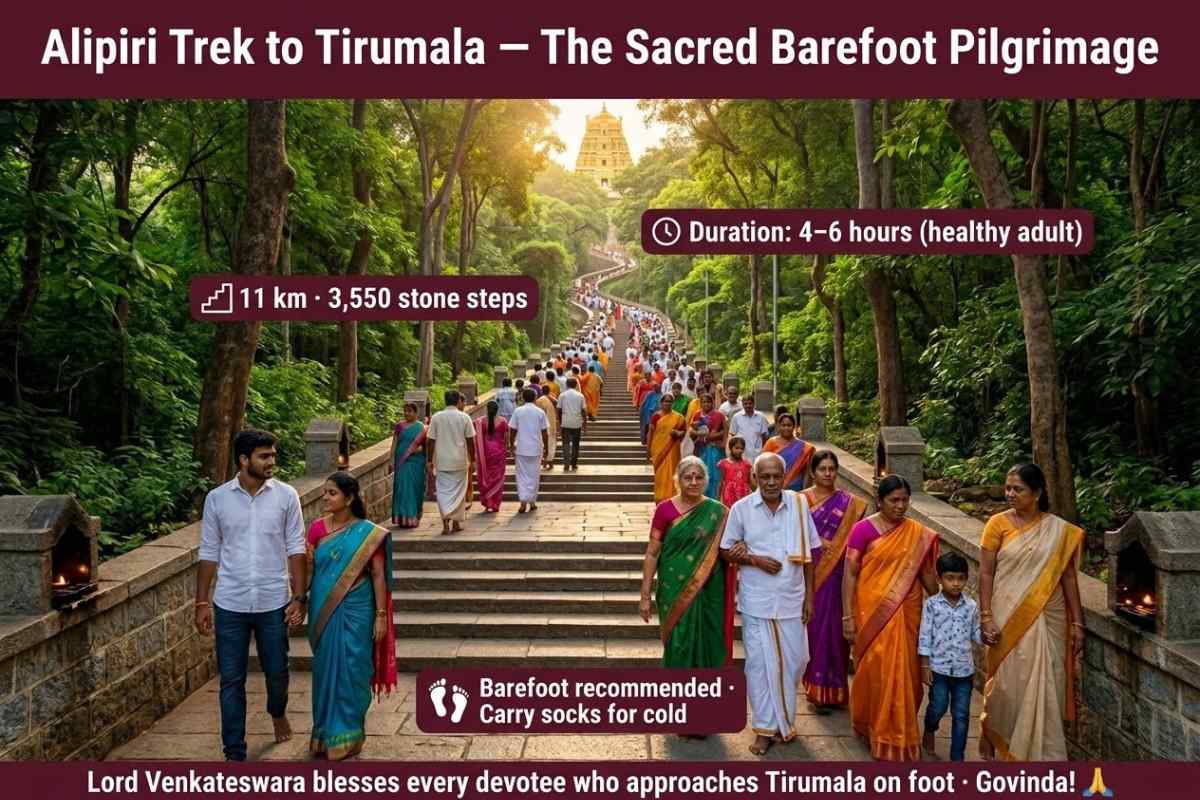 Tirupati Darshan Guide 2026 Alipiri barefoot trek 11km 3550 stone steps pilgrims Eastern Ghats forest sacred foot path Tirumala Govinda.
