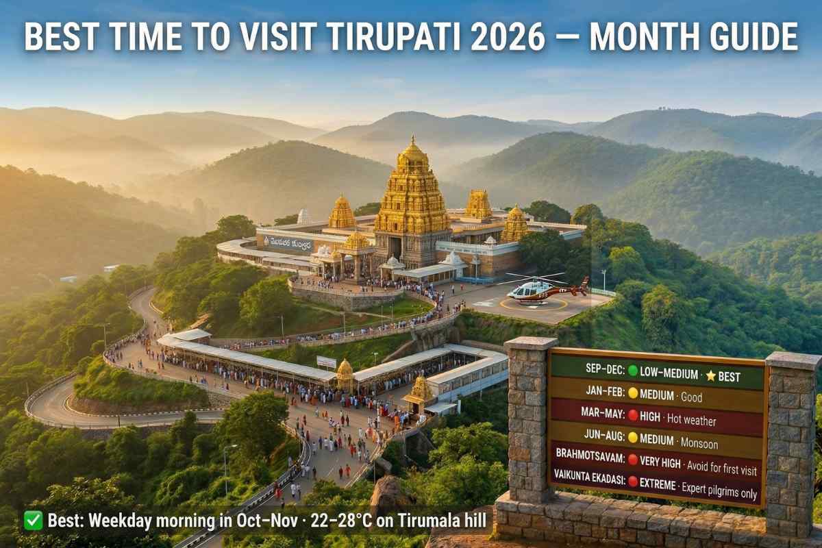 Tirupati Darshan Guide 2026 best time visit September October November lush green Tirumala Eastern Ghats hills light crowds peaceful darshan season.