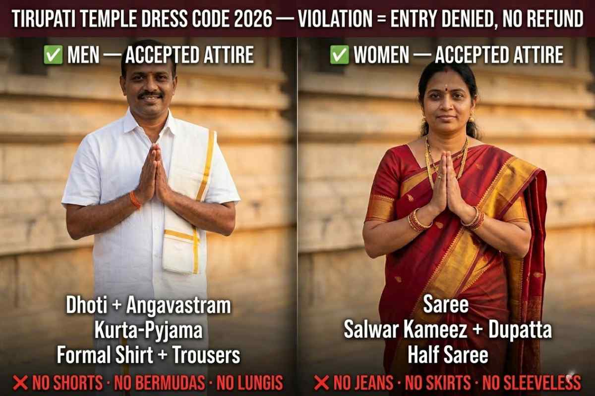 Tirupati Darshan Guide 2026 dress code men dhoti angavastram women saree salwar kameez traditional attire temple rules entry denied violation.