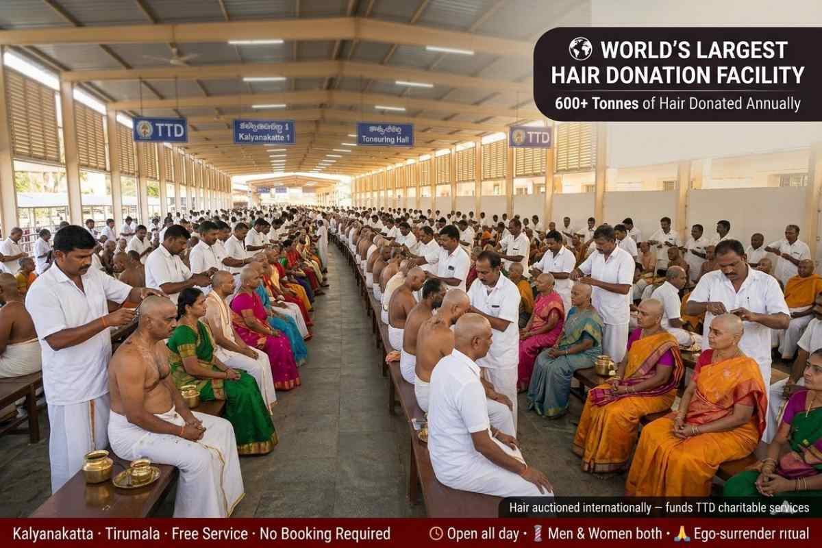 Tirupati Darshan Guide 2026 Kalyanakatta hair tonsuring ritual 600 tonnes annual world largest donation facility TTD devotees vow fulfilment Tirumala free.
