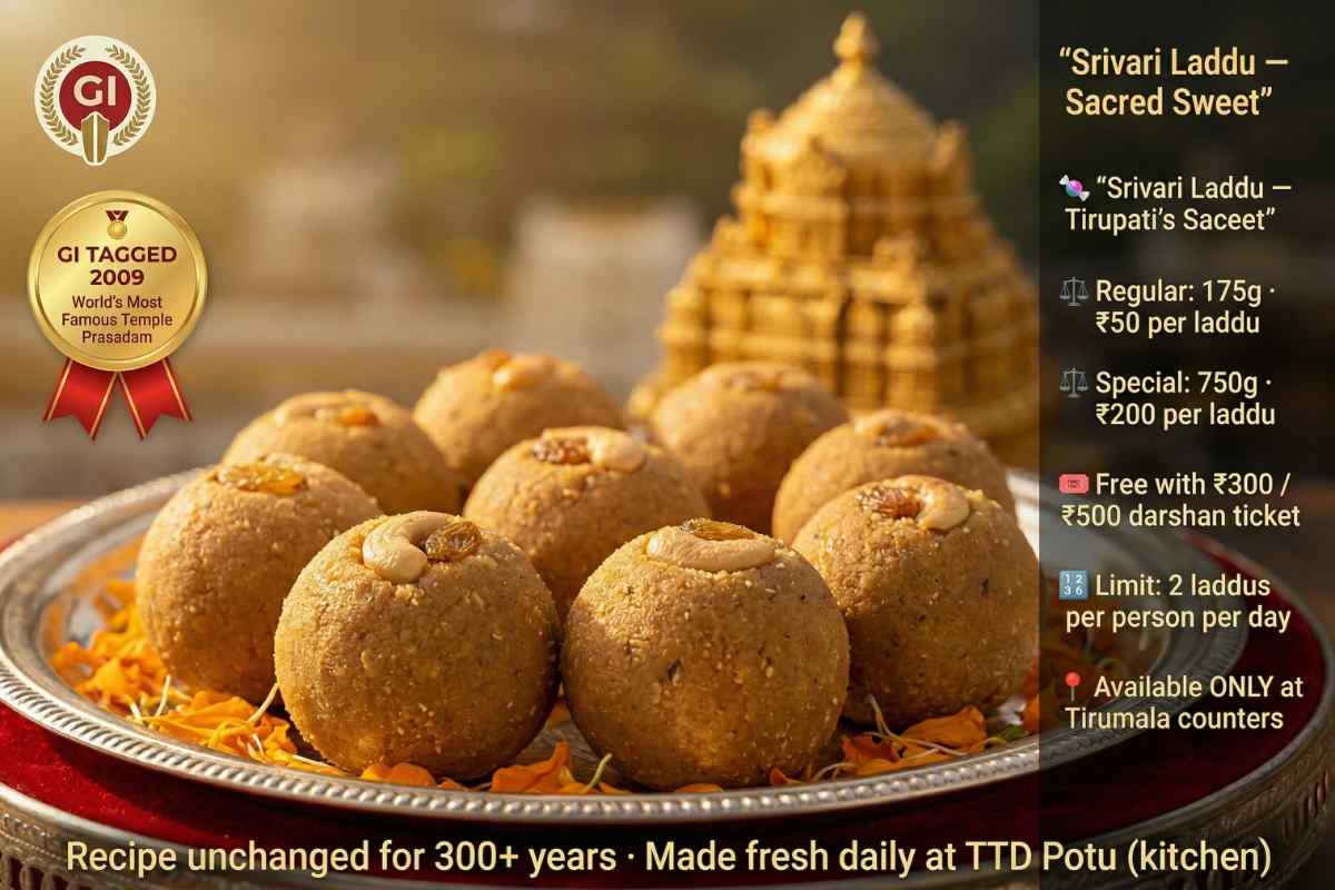 Tirupati Darshan Guide 2026 laddu prasadam GI tagged Srivari laddu ₹50 besan sweet 300 year recipe TTD Potu Tirumala most famous temple prasadam.