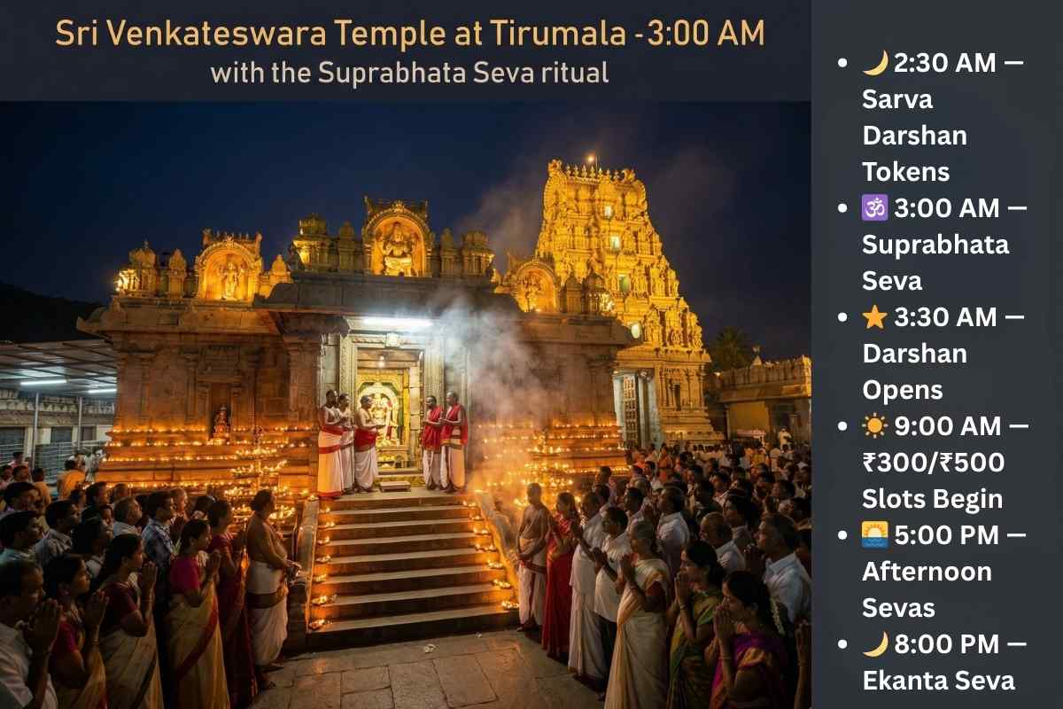 Tirupati Darshan Guide 2026 temple timings Suprabhata Seva 3am Tirumala Venkateswara temple pre-dawn daily schedule darshan hours.