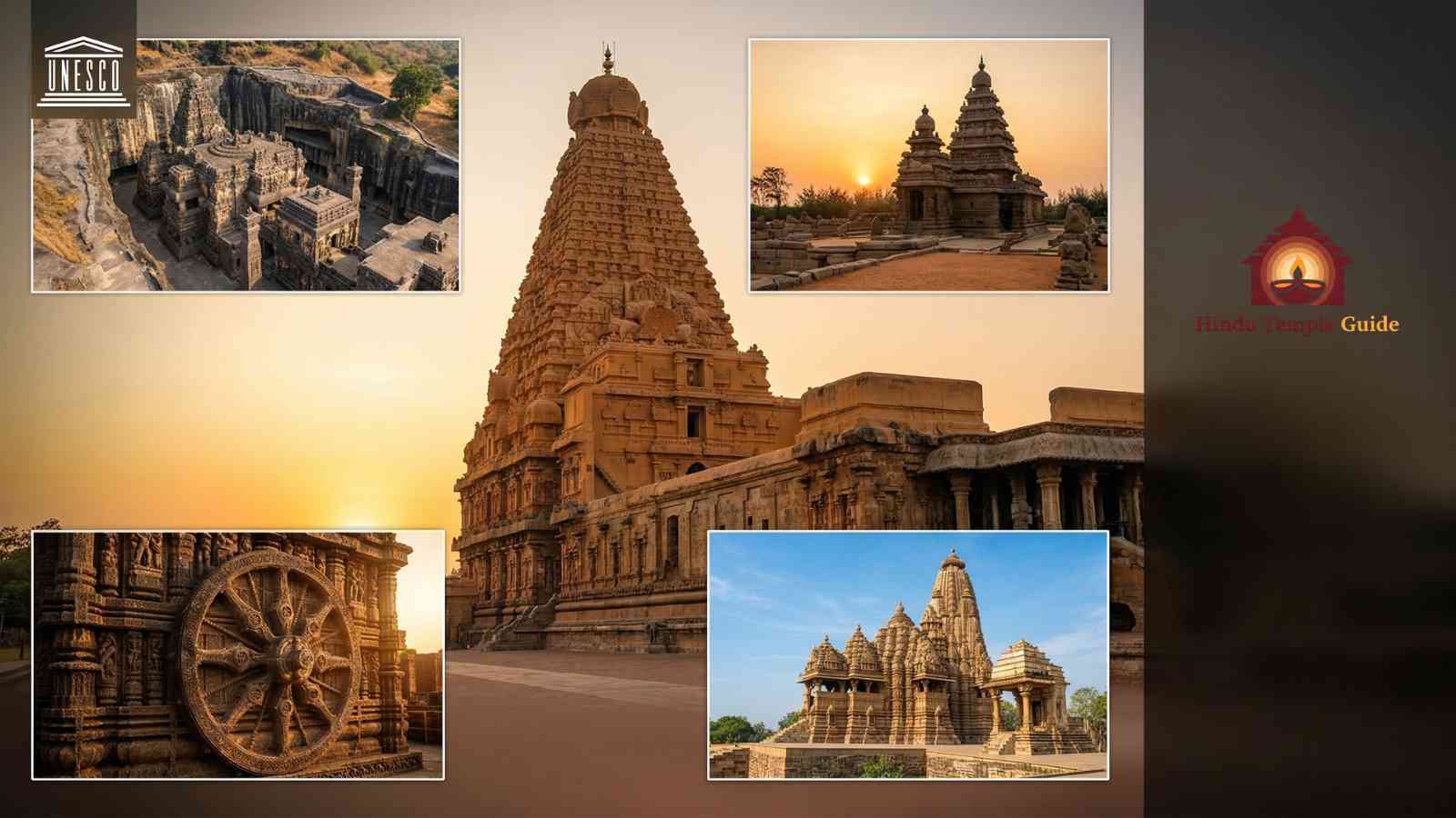 UNESCO World Heritage oldest temples in India – Brihadeeswarar Kailasa Shore Temple Konark Khajuraho Pattadakal Hampi seven recognised ancient Hindu temples.