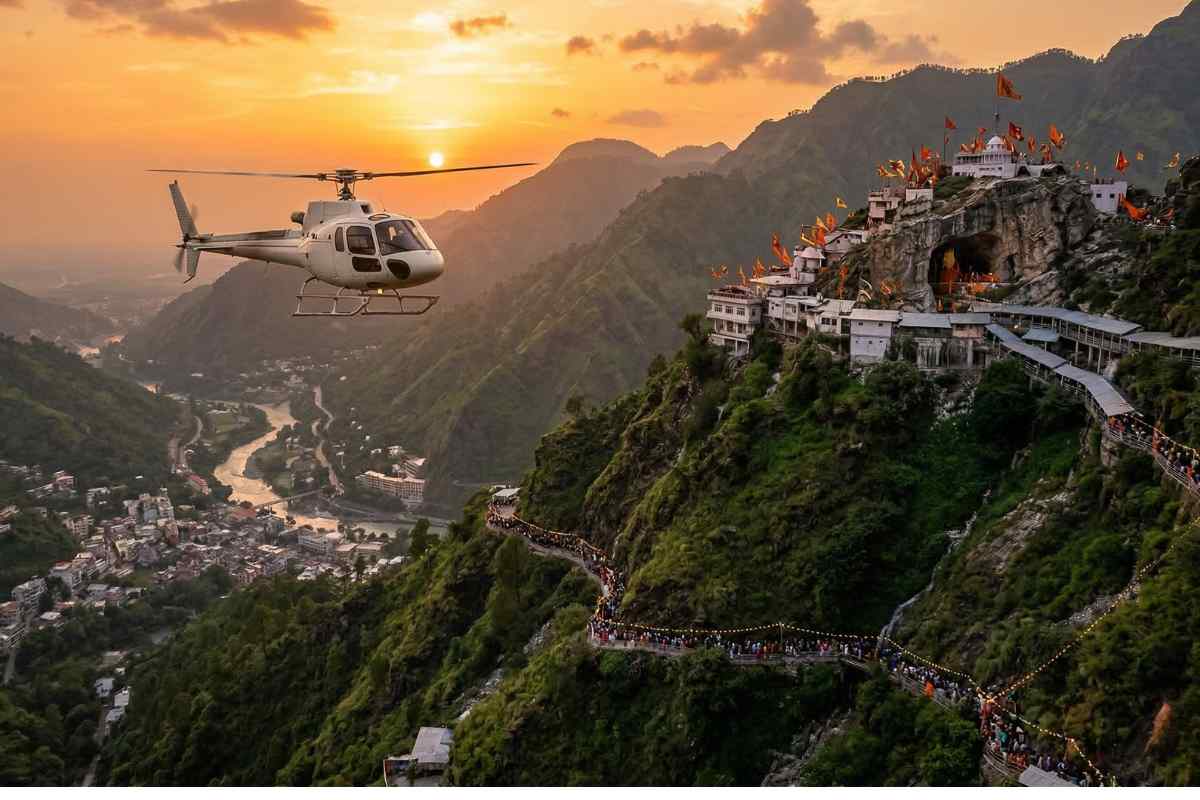 Helicopter flying over Trikuta Hills Vaishno Devi shrine Katra Jammu – temple yatra helicopter booking 2026