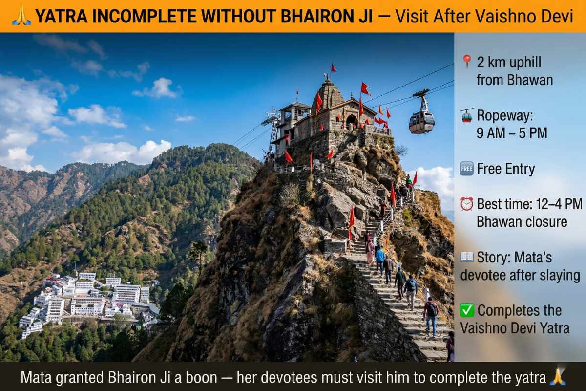 Vaishno Devi Yatra Guide 2026 Bhairon Ji temple – must visit after darshan 2km bhawan ropeway yatra incomplete without Bhaironath