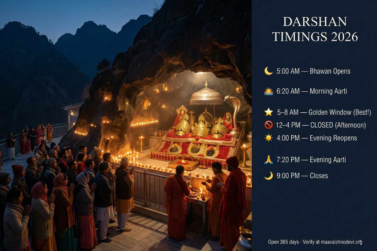 Vaishno Devi darshan timings 2026 – 5am Bhawan golden window morning aarti 6:20am evening 7:20pm closed 12-4pm daily schedule