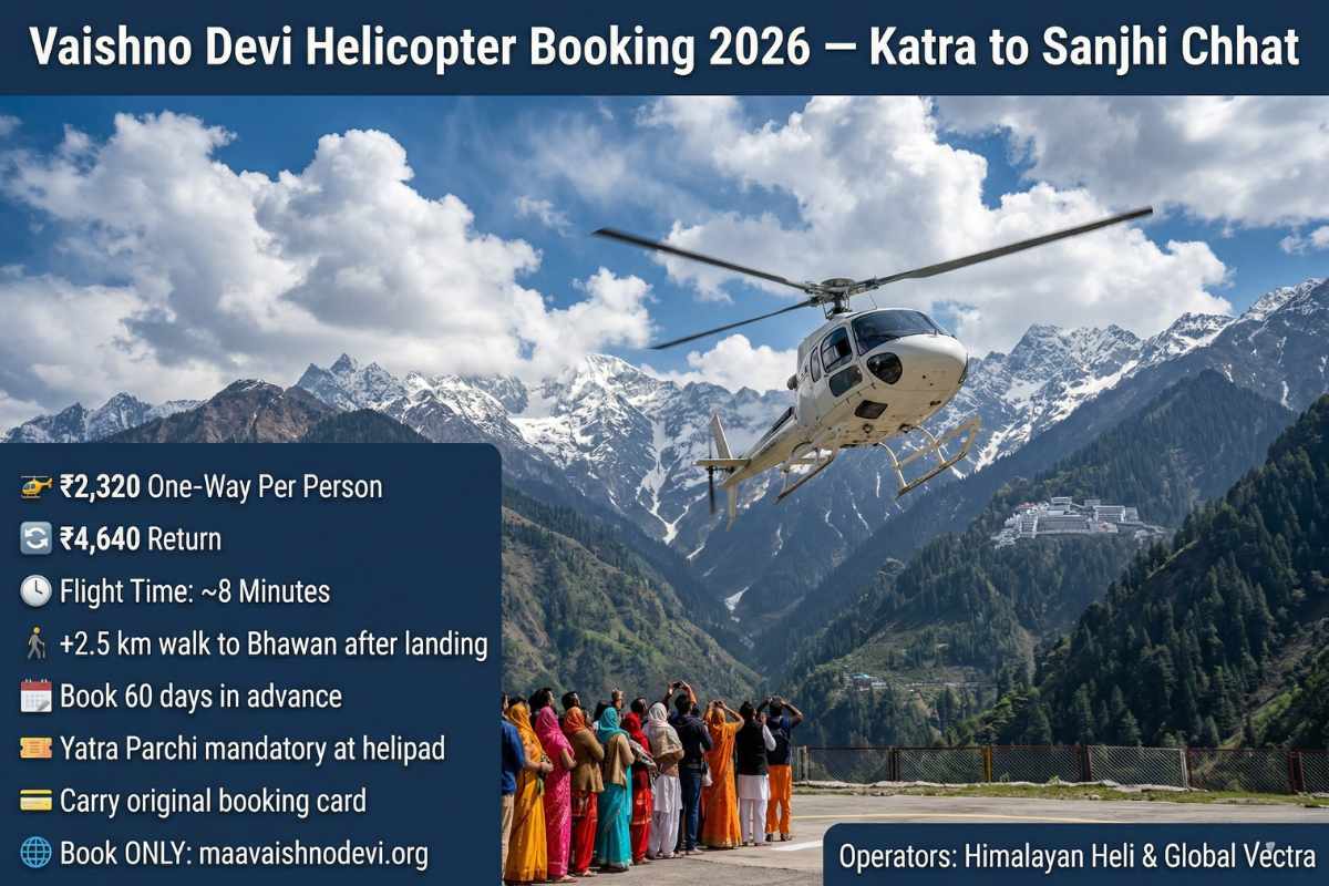 Vaishno Devi helicopter booking 2026 – ₹2320 one-way Katra Serli to Sanjhi Chhat 8 minutes Trikuta mountains