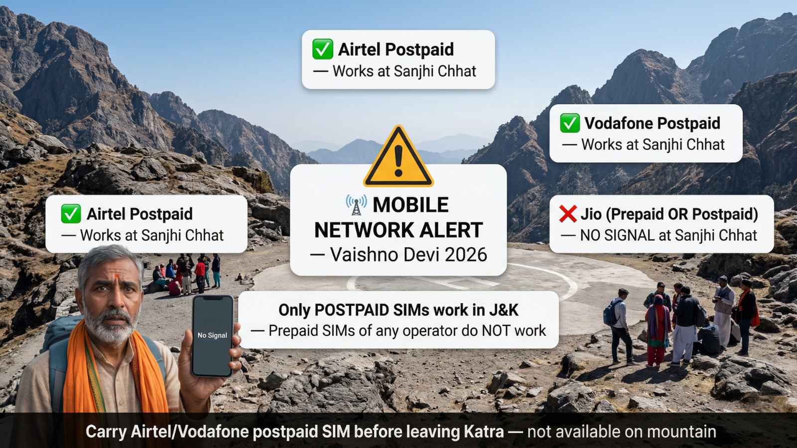 Vaishno Devi Yatra Guide 2026 mobile network alert – Jio no signal Sanjhi Chhat only Airtel Vodafone postpaid works J&K SIM warning