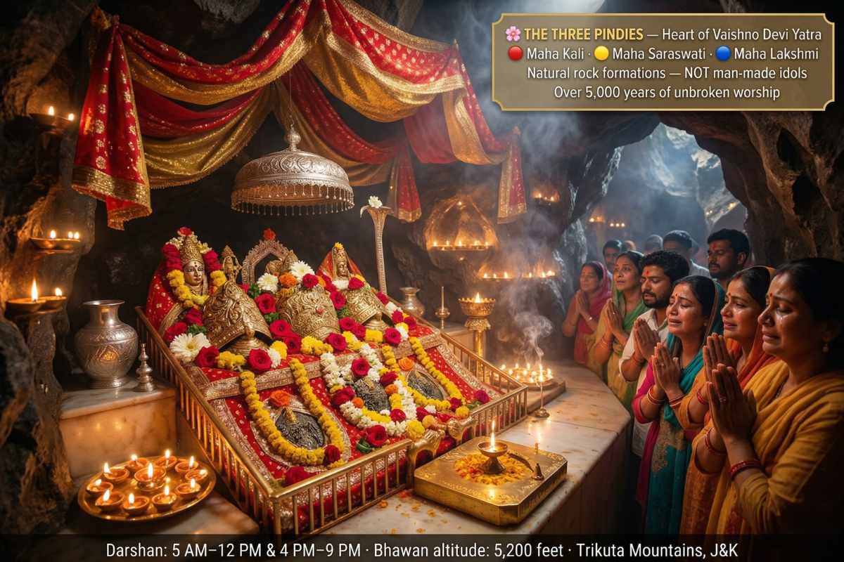 Vaishno Devi Yatra Guide 2026 – Three Pindies inside Bhawan cave representing Maha Kali, Maha Saraswati, and Maha Lakshmi — natural rock formations