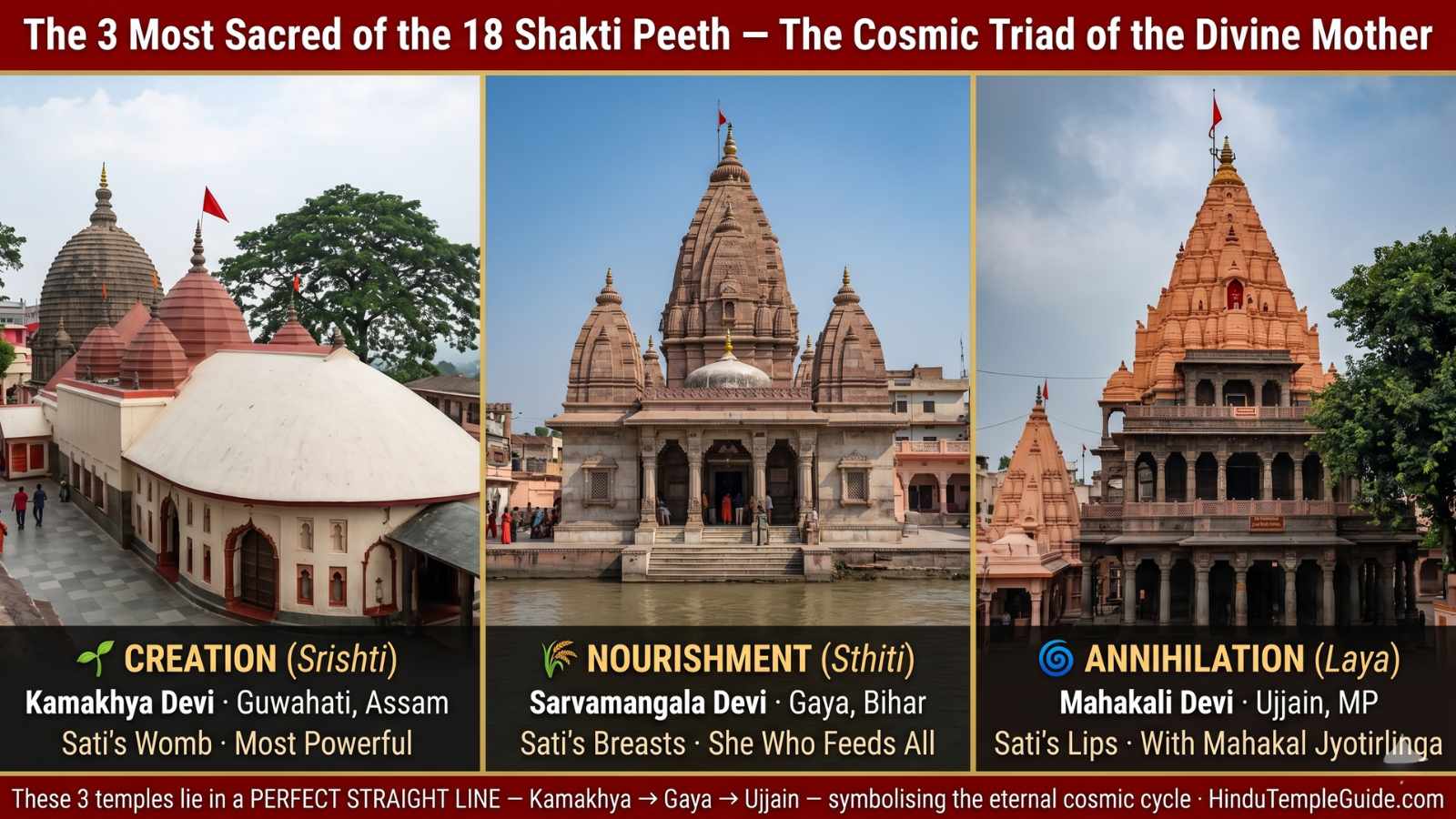 18 Shakti Peeth 3 most sacred cosmic triad Kamakhya creation Gaya nourishment Ujjain annihilation straight line India divine mother three aspects