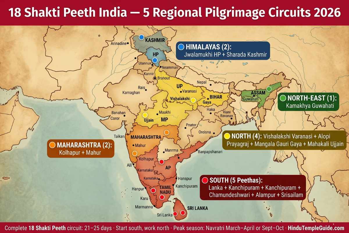 18 Shakti Peeth India map 5 regional pilgrimage circuits south Maharashtra north northeast Himalaya complete yatra 21-25 days Navratri guide