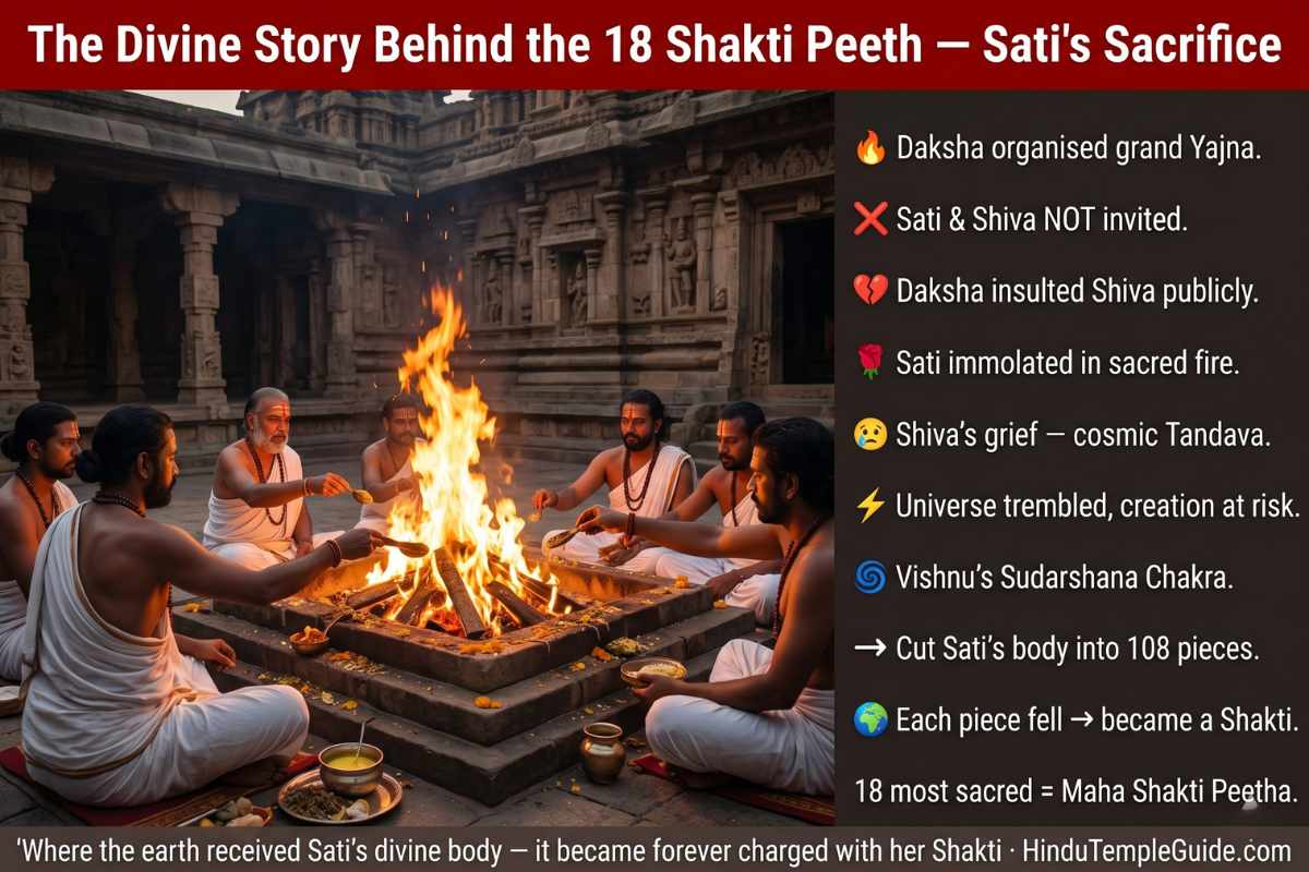 18 Shakti Peeth origin story Daksha Yajna Sati sacrifice Vishnu Sudarshana Chakra 108 body parts earth divine Astadasha Maha Shakti Peetha birth